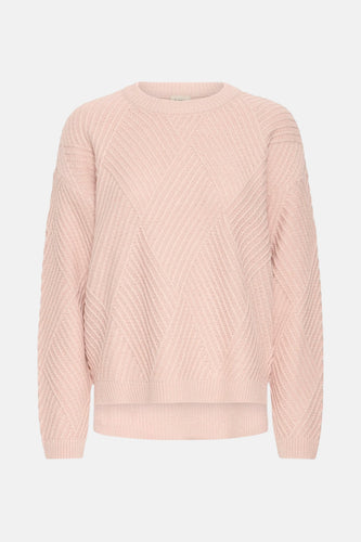 Roze trui met ronde hals van Fransa, met een opvallend geometrisch breipatroon.