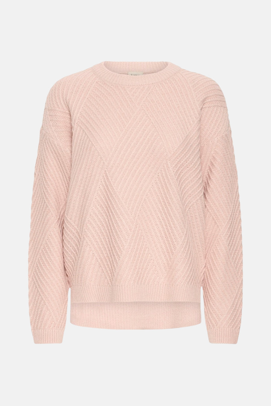 Roze trui met ronde hals van Fransa, met een opvallend geometrisch breipatroon.