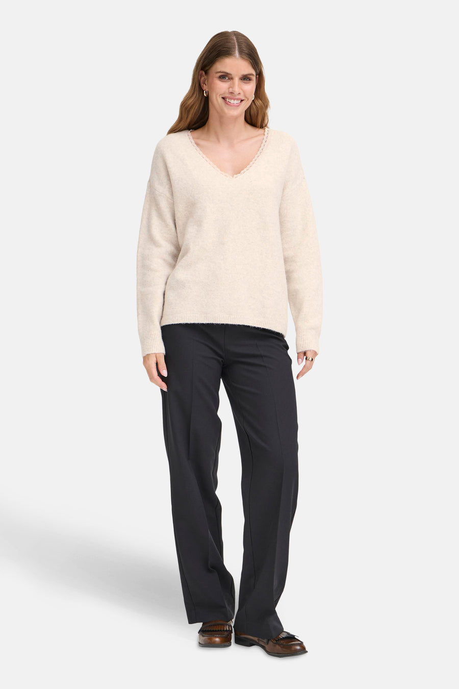 Pull à col en V - écru - Fransa®