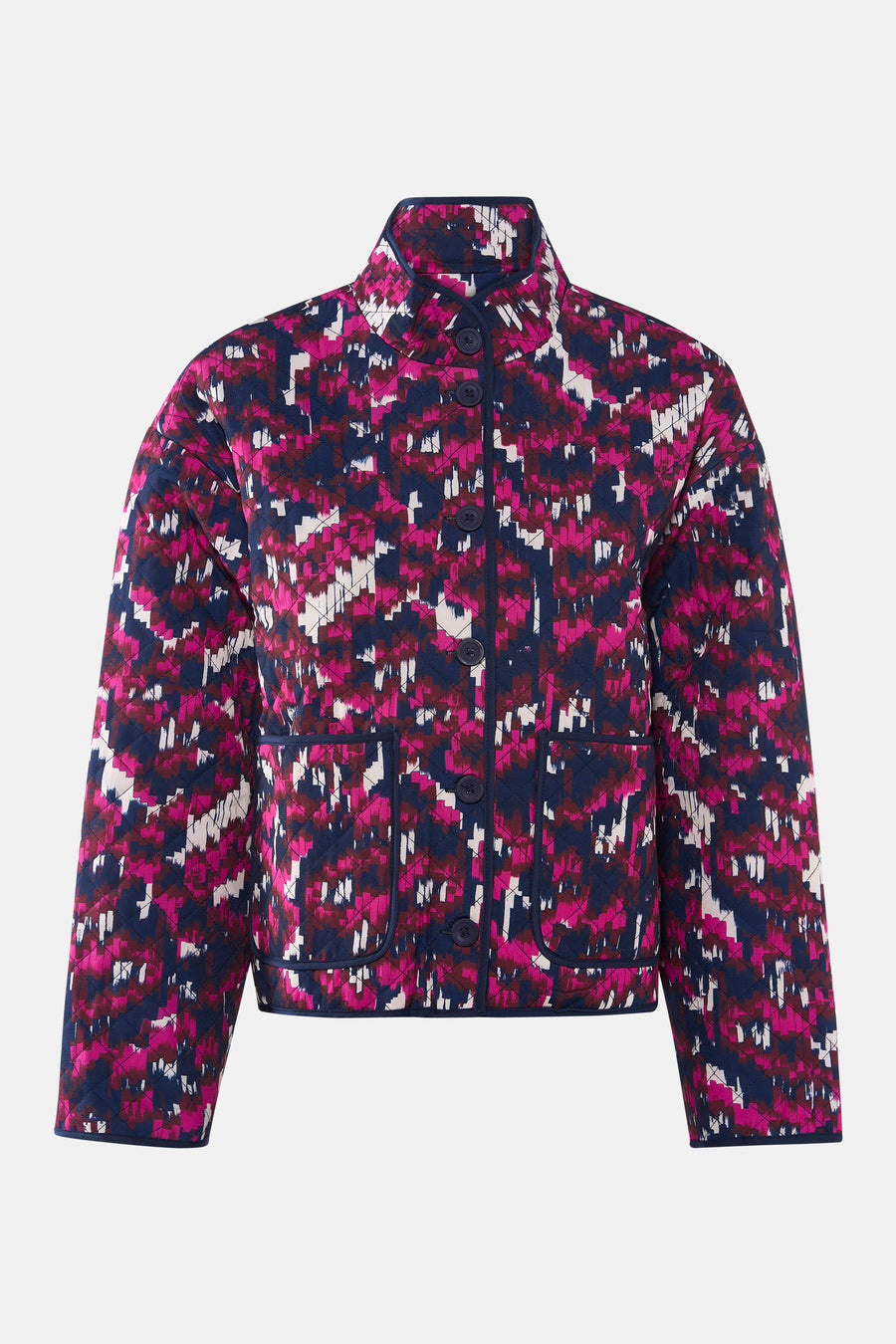Manteau court multicolore de France, avec un motif géométrique et une fermeture à boutons devant.