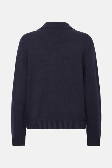 Gilet bleu de France, vu de de l'rière un unbreis plat et une col classique.