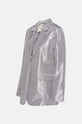 Zilveren blazer van Fransa, met een glanzende textuur en een enkele knoopsluiting, op een geïsoleerde achtergrond.