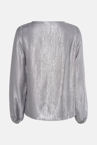 Zilveren blouse met lange mouwen van Fransa, met glanzende textuur en geplooide manchetten, achterkant.
