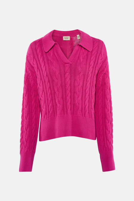 Roze V-hals trui van Fransa met kabelpatroon en lange mouwen.
