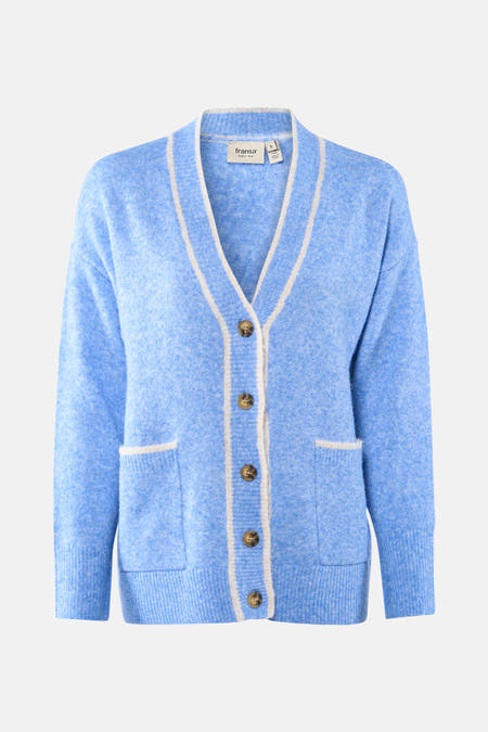 Veste bleue de France, à longues manches, avec fermeture à boutons et poches brodées.
