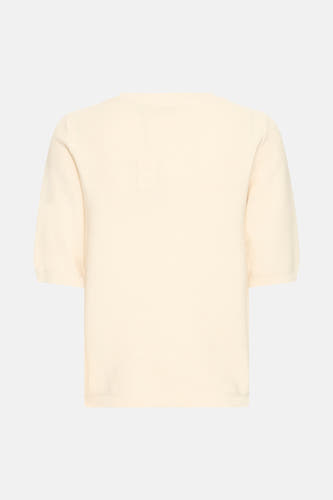 Gilet beige avec col rond en France, à manches courtes et fine structure côtelée.