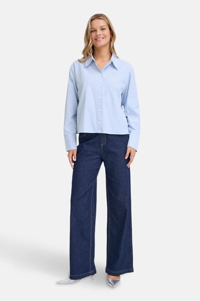Blauw, lange mouwen hemd van Fransa, met een subtiele textuur gedragen met donkere jeans.
