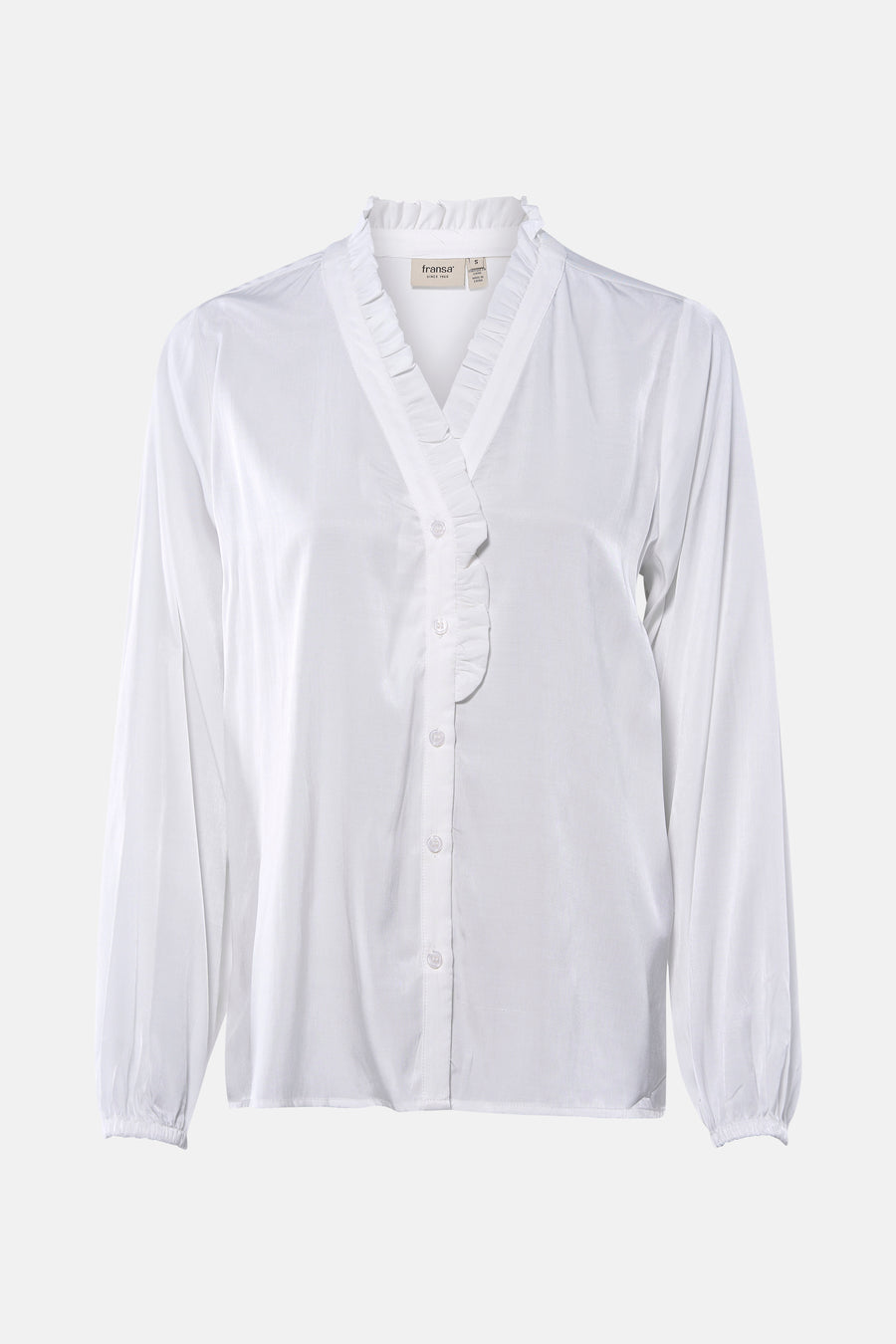 Blouse blanche à longues manches de Fransa, finie avec des détails rufflés élégants et une fermeture à boutons.