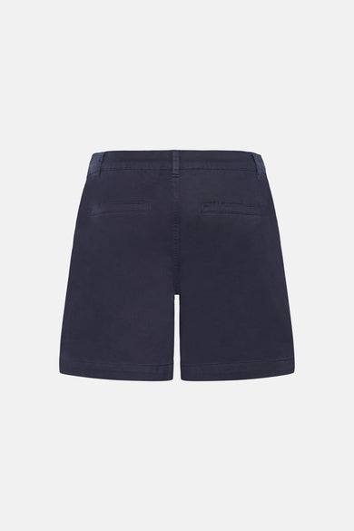 Blauwe short van Fransa, achterkant zichtbaar met riemlussen en zakken.
