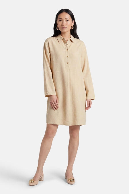 Beige kleedje met korte mouwen van Fransa, met lange mouwen en gouden knopen.