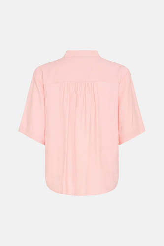 Roze hemd van Fransa met korte mouwen, licht gestructureerde stof en plooien op de achterkant.