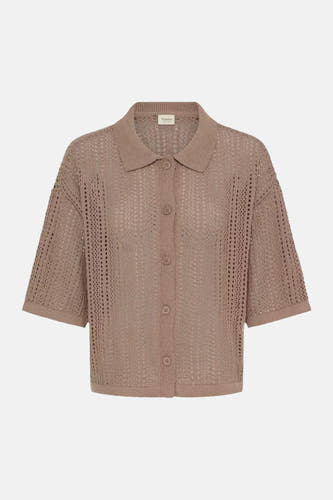 Bruin gilet van Fransa met open gebreid patroon, kraag, korte mouwen en knoopsluiting.