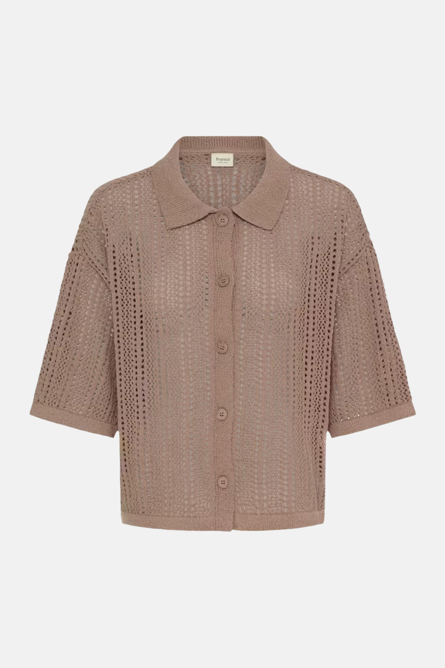 Bruin gilet van Fransa met open gebreid patroon, kraag, korte mouwen en knoopsluiting.