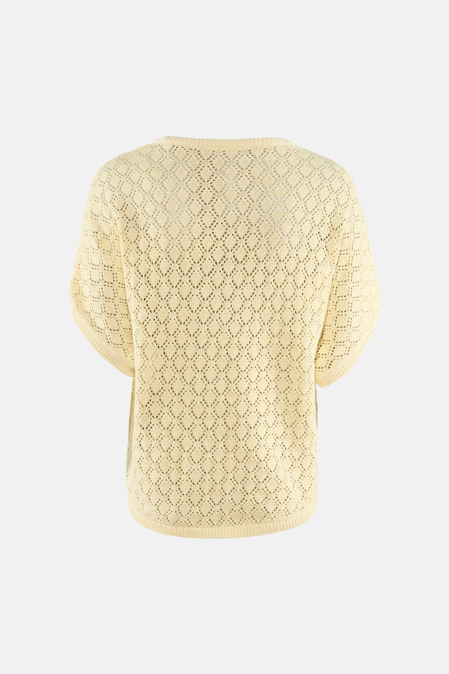 Pull en maille jaune de Fransa avec motif losange ajouré, manches courtes et vue arrière.