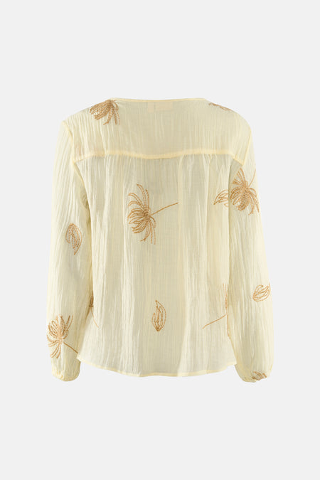 Chemise jaune à manches longues de Fransa, avec texture froissée et feuilles de palmier brodées, dos.