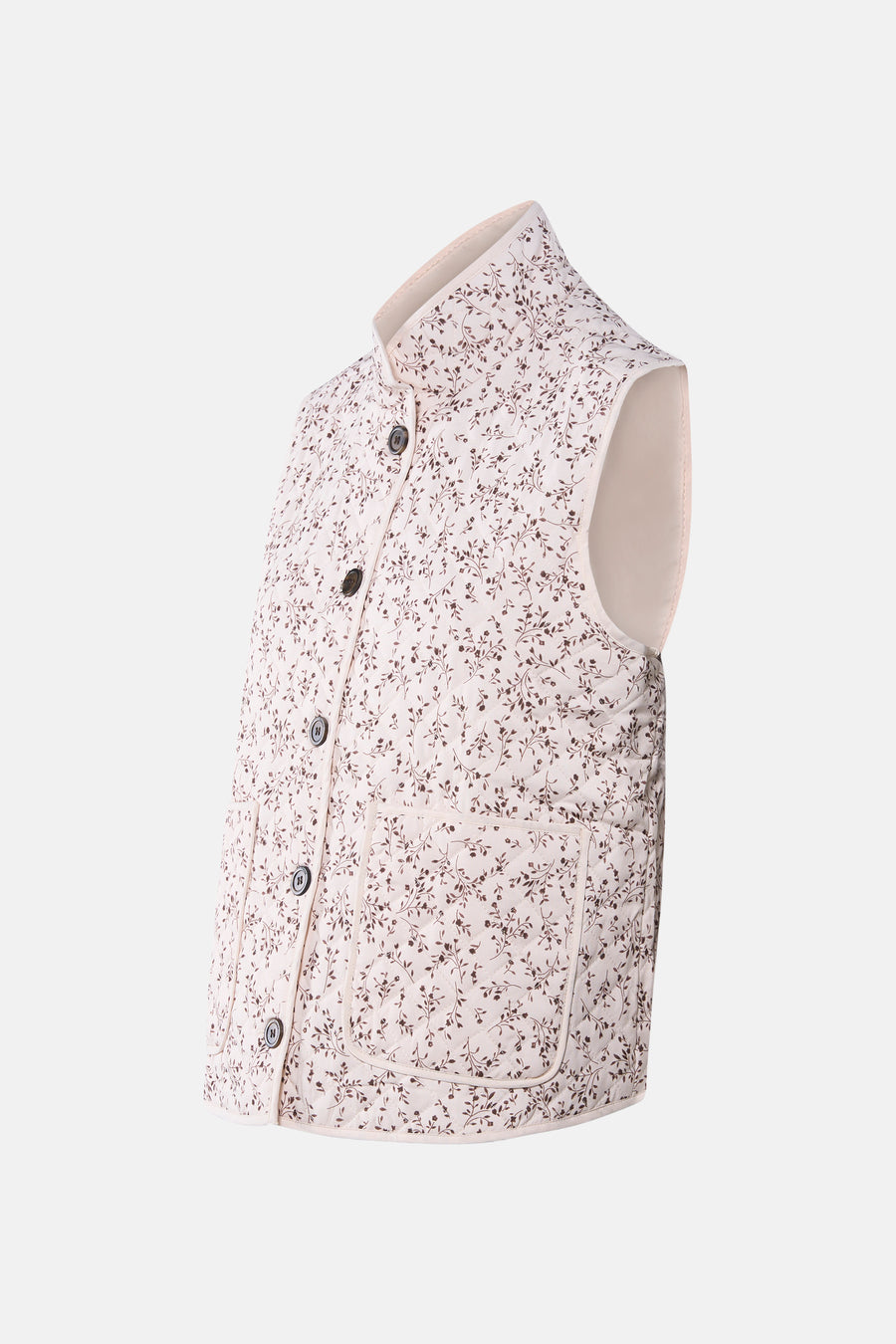 Ecru bodywarmer van Fransa, met bloemenprint en knoopsluiting, in zijaanzicht.
