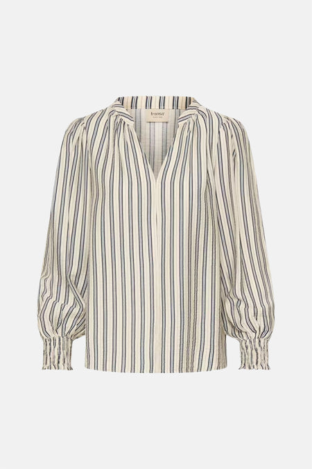 Ecru blouse met lange mouwen van Fransa, gestreept met verticale zwarte en grijze lijnen.