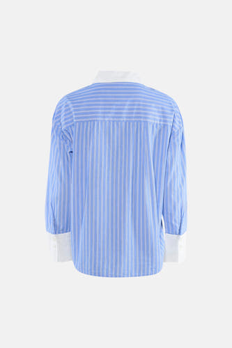 Chemise bleue à rayures à manches longues de Fransa, avec col et poignets blancs.