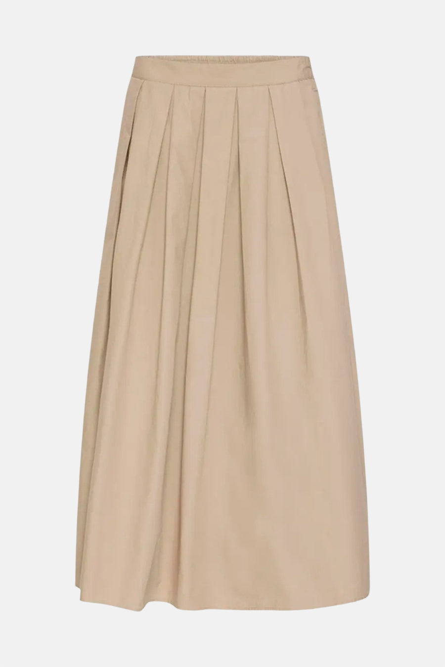 Bruine lange rok van Fransa® met verticale plooien en elastische taille, front view