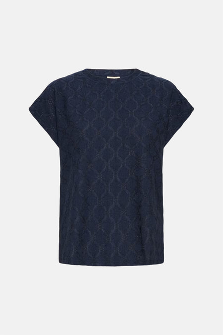 Blauw T-shirt met korte mouwen van Fransa, met een decoratief, ajour gebreid ruitpatroon.
