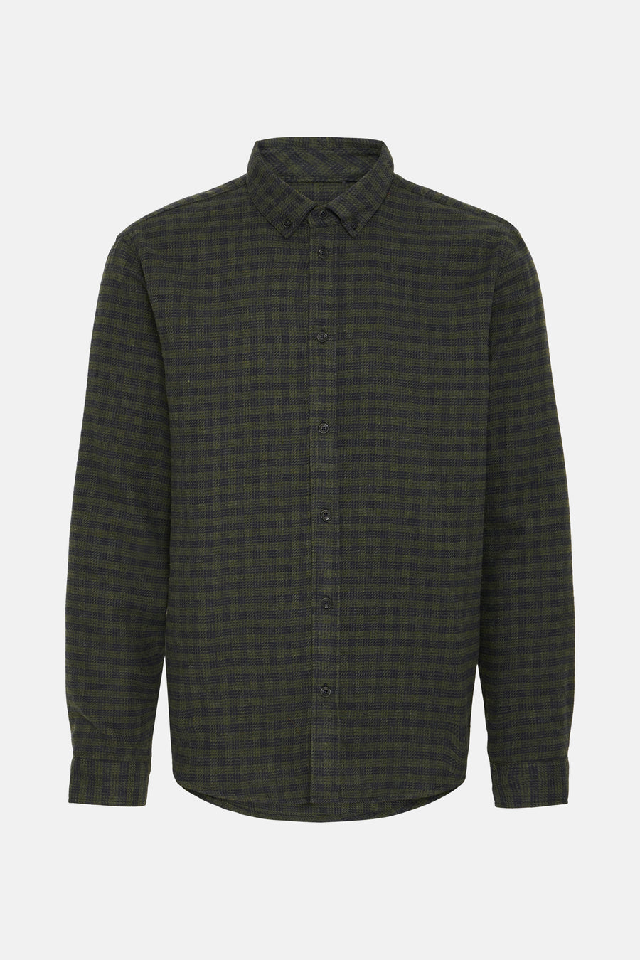 Groen en zwart geruit flanellen overhemd.
