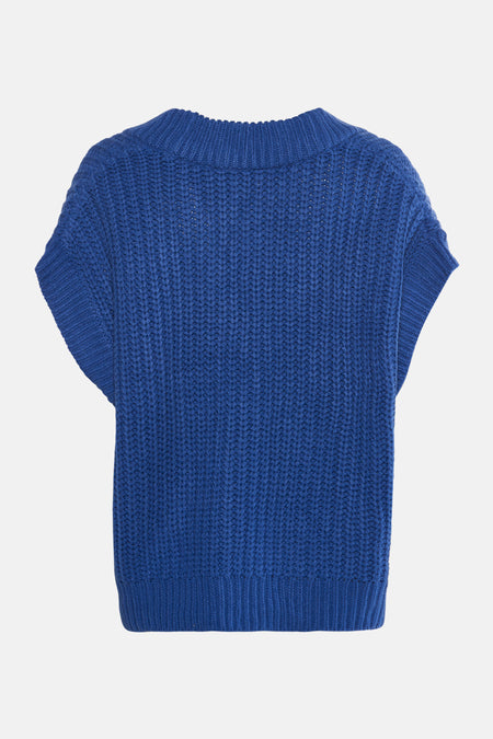 Blauw vest van B.YOUNG, met grove gebreide textuur en korte mouwen, rugzijde.
