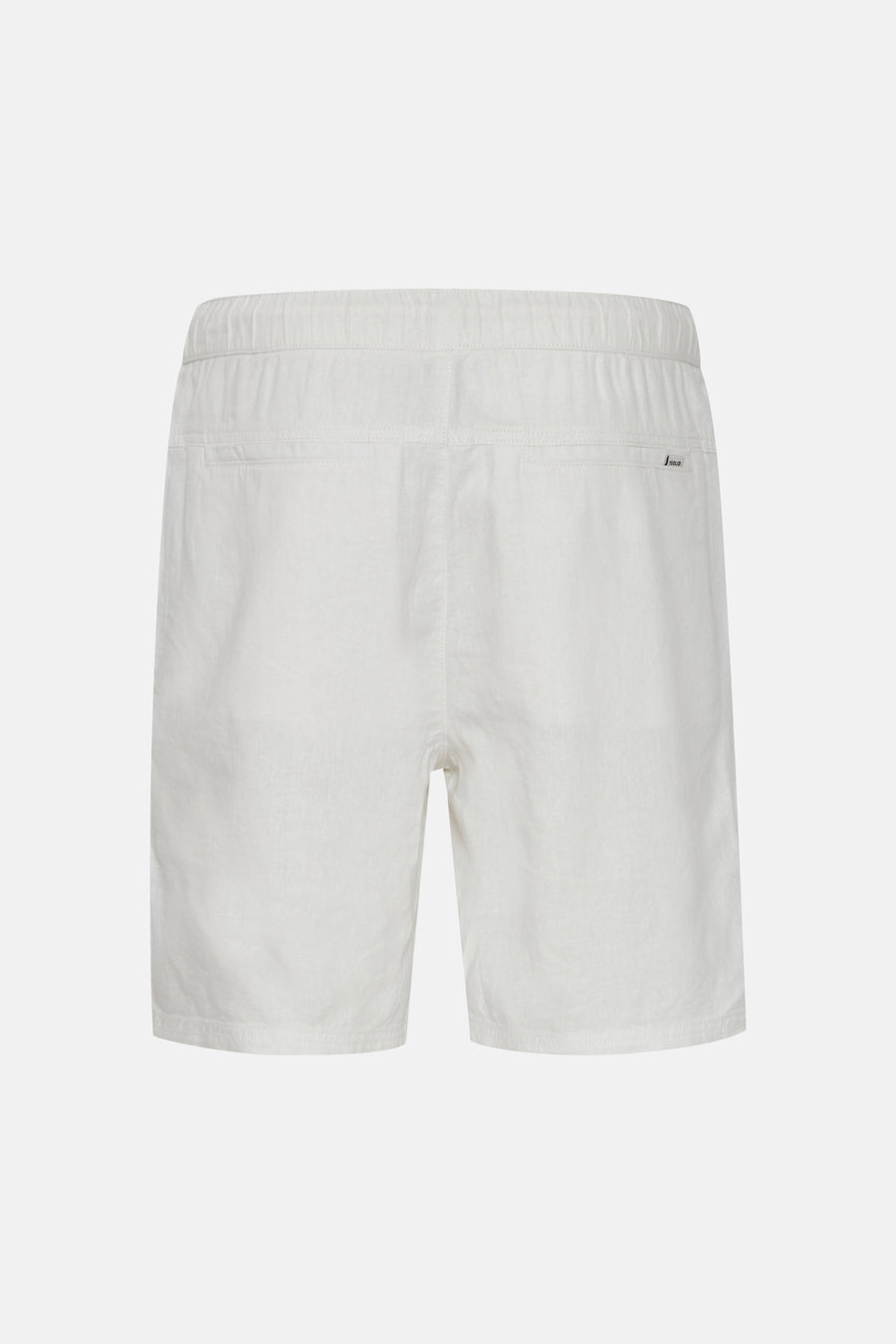 Short bleu de SOLID, vue arrière avec taille élastique, texture lin et étiquette de marque sur la poche arrière.