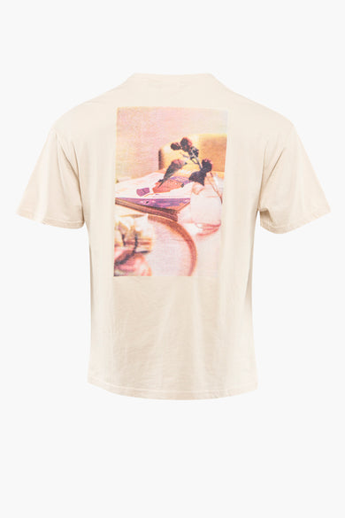 T-shirt à manches courtes écru de SOLID avec grand imprimé au dos, motif de peinture pastel, vue de dos de côté