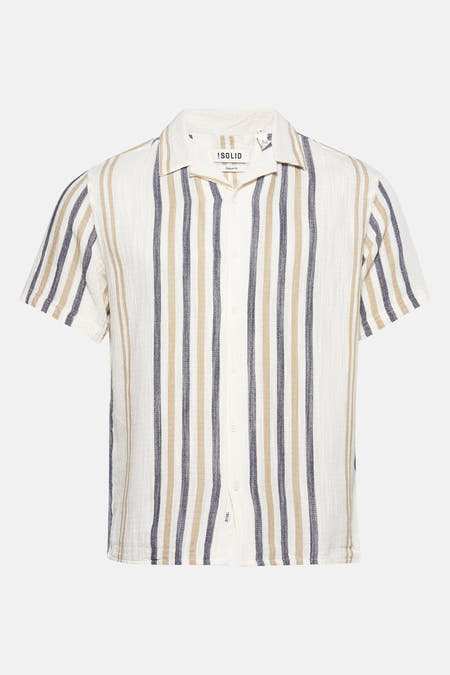 Blauw gestreept overhemd met korte mouwen van SOLID, met beige accenten en een casual pasvorm.