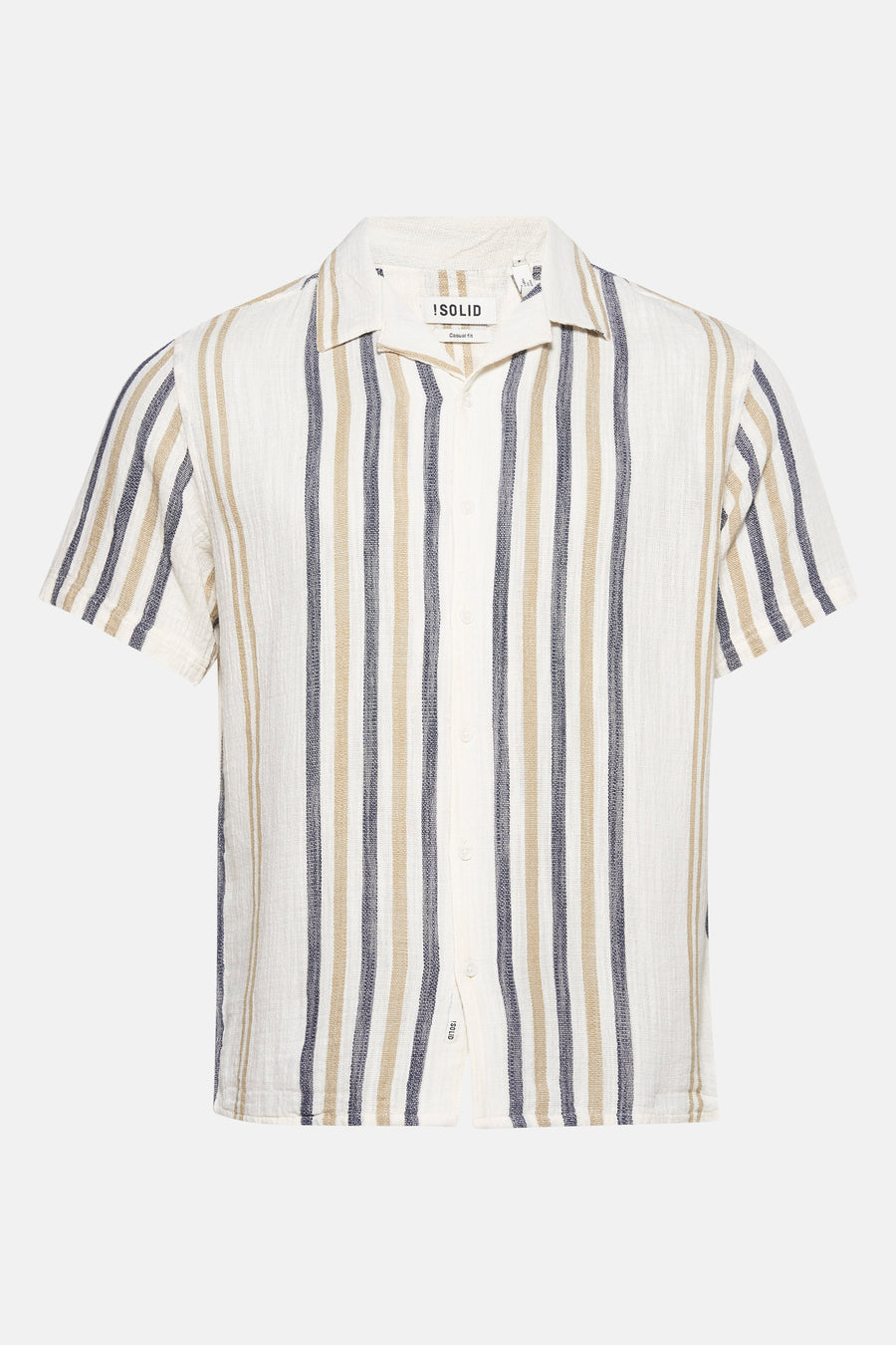 Blauw gestreept overhemd met korte mouwen van SOLID, met beige accenten en een casual pasvorm.
