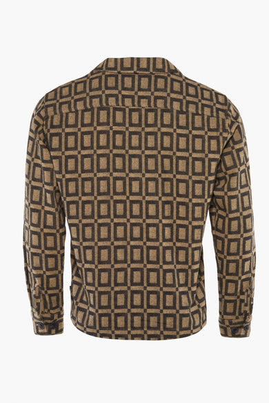 Beige overhemd met lange mouwen van SOLID, met een bruin geometrisch vierkant patroon.
