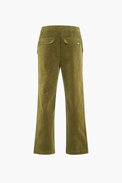 Groene 7/8 broek van SOLID, met brede ribstof en achterzakken.
