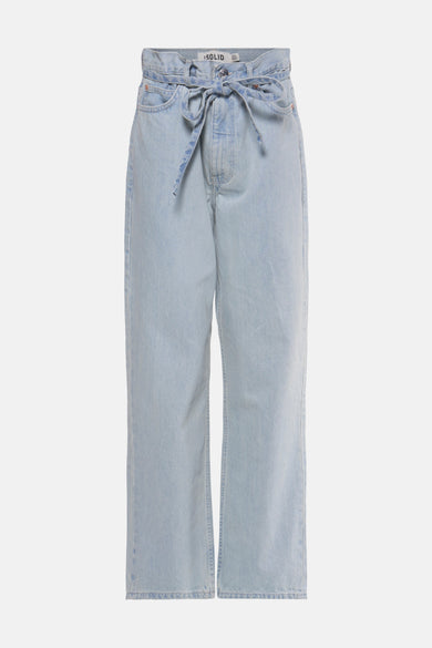 Lichtblauwe wijde jeans van SOLID, met strikceintuur en zakken voor en achter.
