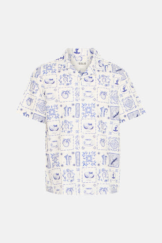Chemise bleue à manches courtes de SOLID, avec un motif de illustrations méditerranéennes.