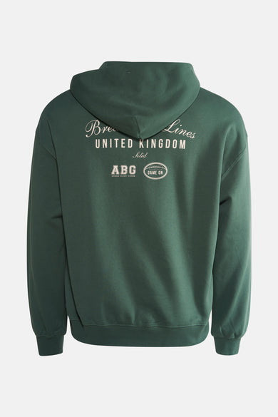 Pull-over vert vert avec capuche SOLID, avec des impressions textuelles sur l'arrière.