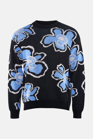 Gilet noir à col rond de SOLID, avec imprimé de fleurs bleues et des accents blancs.