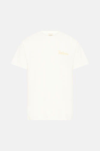 T-shirt blanc à manches courtes de SOLID, avec une impression "Soulscape" jaune sur la poitrine.