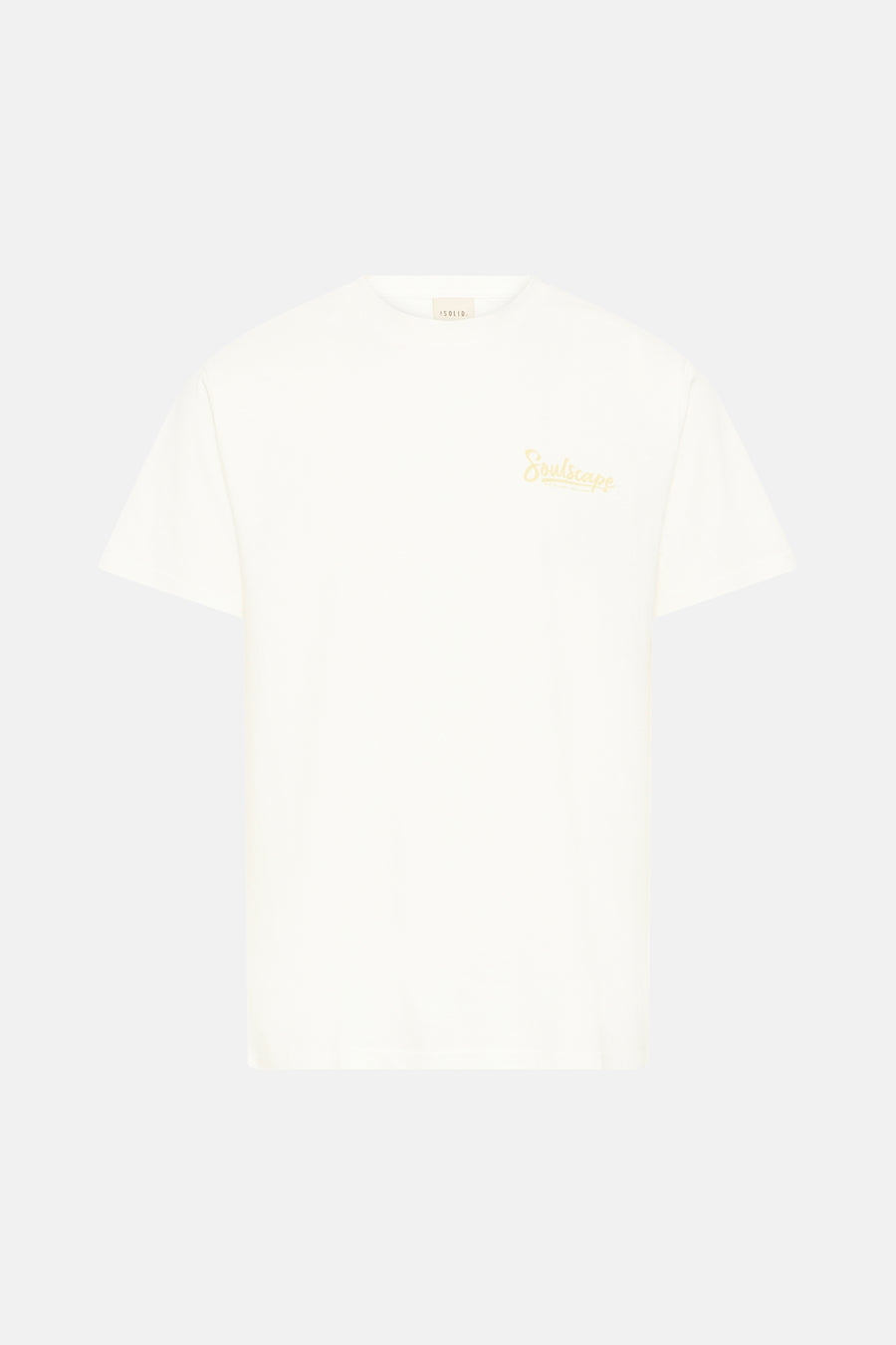 T-shirt blanc à manches courtes de SOLID, avec une impression "Soulscape" jaune sur la poitrine.