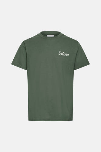 Groen T-shirt met korte mouwen van SOLID, met een witte 'Soulscape' tekstprint op de borst.
