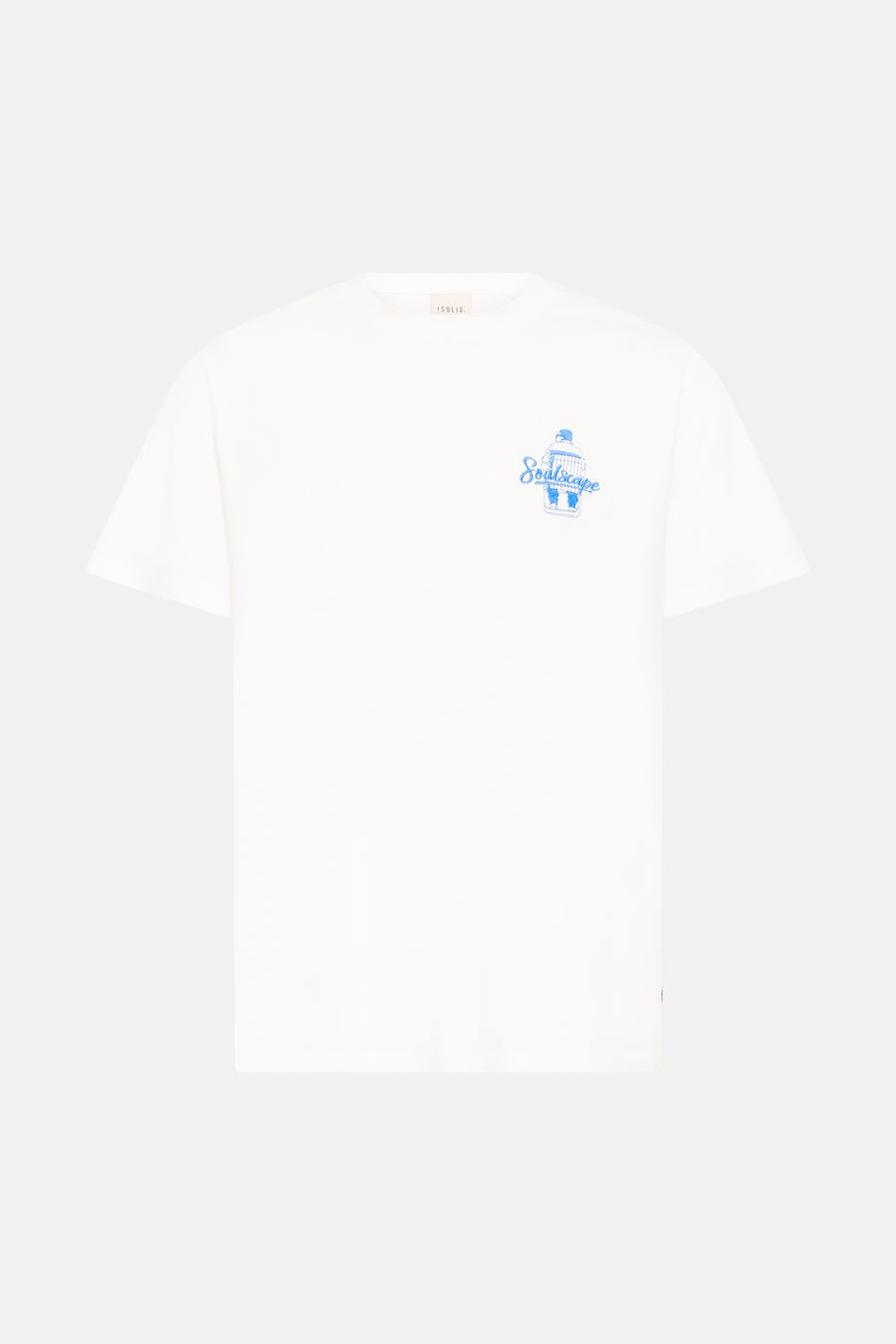 T-shirt blanc à manches courtes de SOLID avec un imprimé bleu "Soulscape" sur la poitrine.