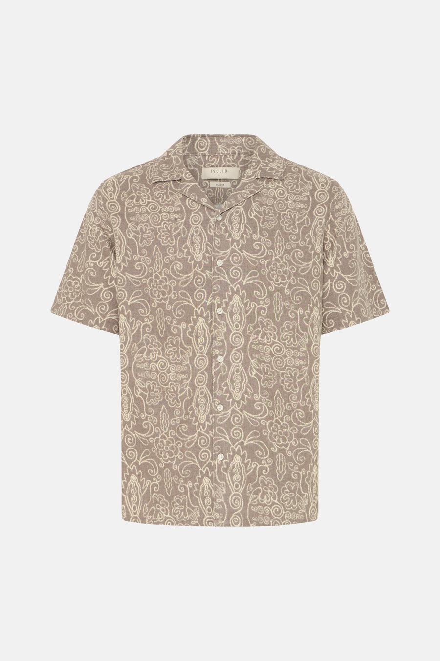 Bruin overhemd met korte mouwen van SOLID, met lichtbeige abstract bloemen- en krulpatroon en witte knopen.
