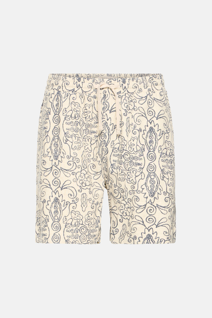 Short de couleur crème de SOLID avec un motif décoratif bleu foncé intégral et un cordon de serrage.
