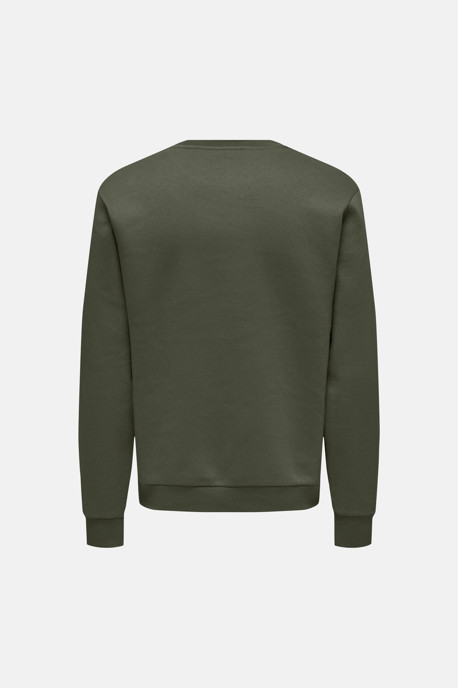 Groene ronde hals sweater van ONLY & SONS®, achterzijde, eenvoudig design met ribboorden aan zoom en mouwen