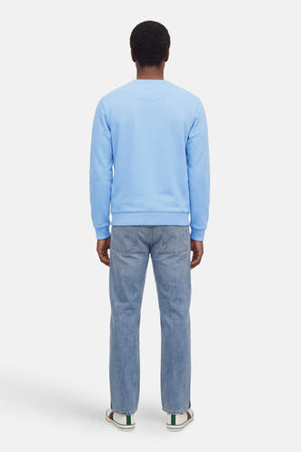 Pull-over bleu avec col rond de ONLY & SONS®, vu de dos, associé à des jeans bleus et des baskets blanches.
