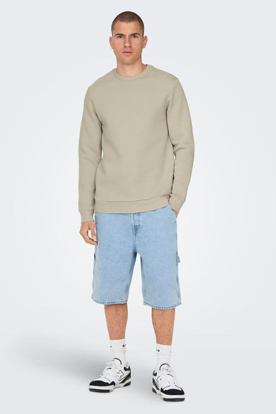 Pull gris ONLY & SONS®, associé à des shorts en denim et des baskets.