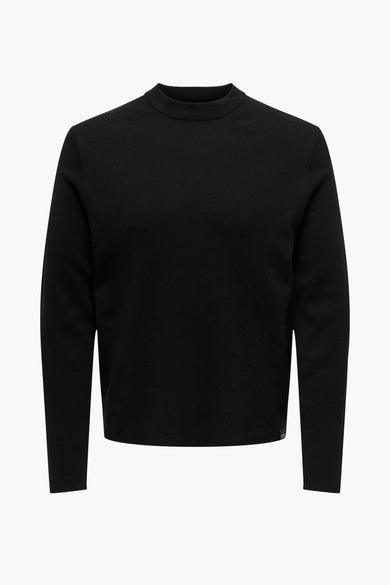Pull noir à col rond de ONLY & SONS®, coupe ajustée, texture tricotée fine, vue de face