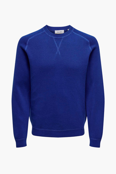 T-shirt bleu avec col rond de ONLY & SONS, tricoté simple avec des manches longues, dos.