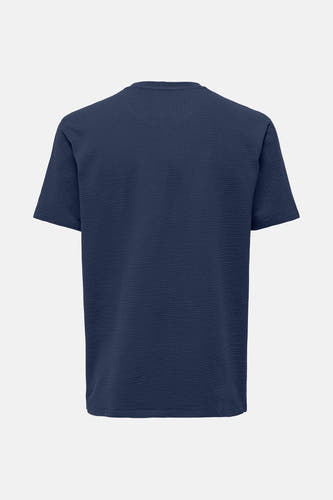 T-shirt bleu à manches courtes de ONLY & SONS, avec une texture rayée, vu par derrière.