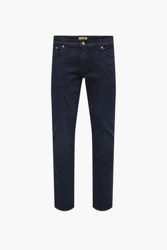 Blauwzwarte slim fit jeans van ONLY & SONS, effen donkere wassing.
