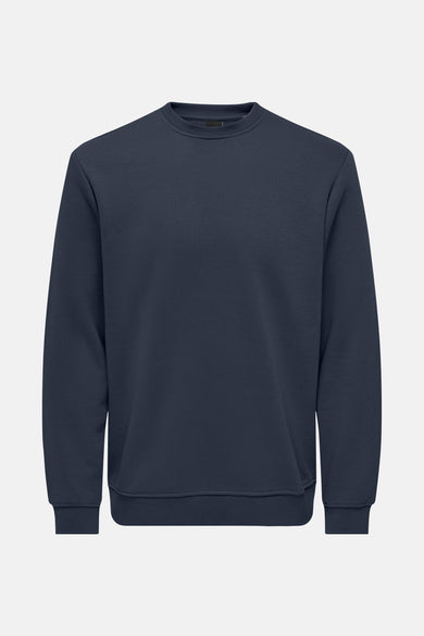 Gilet bleu d'ONLY & SONS® avec des manches longues, un col rond et des bordures côtelées.
